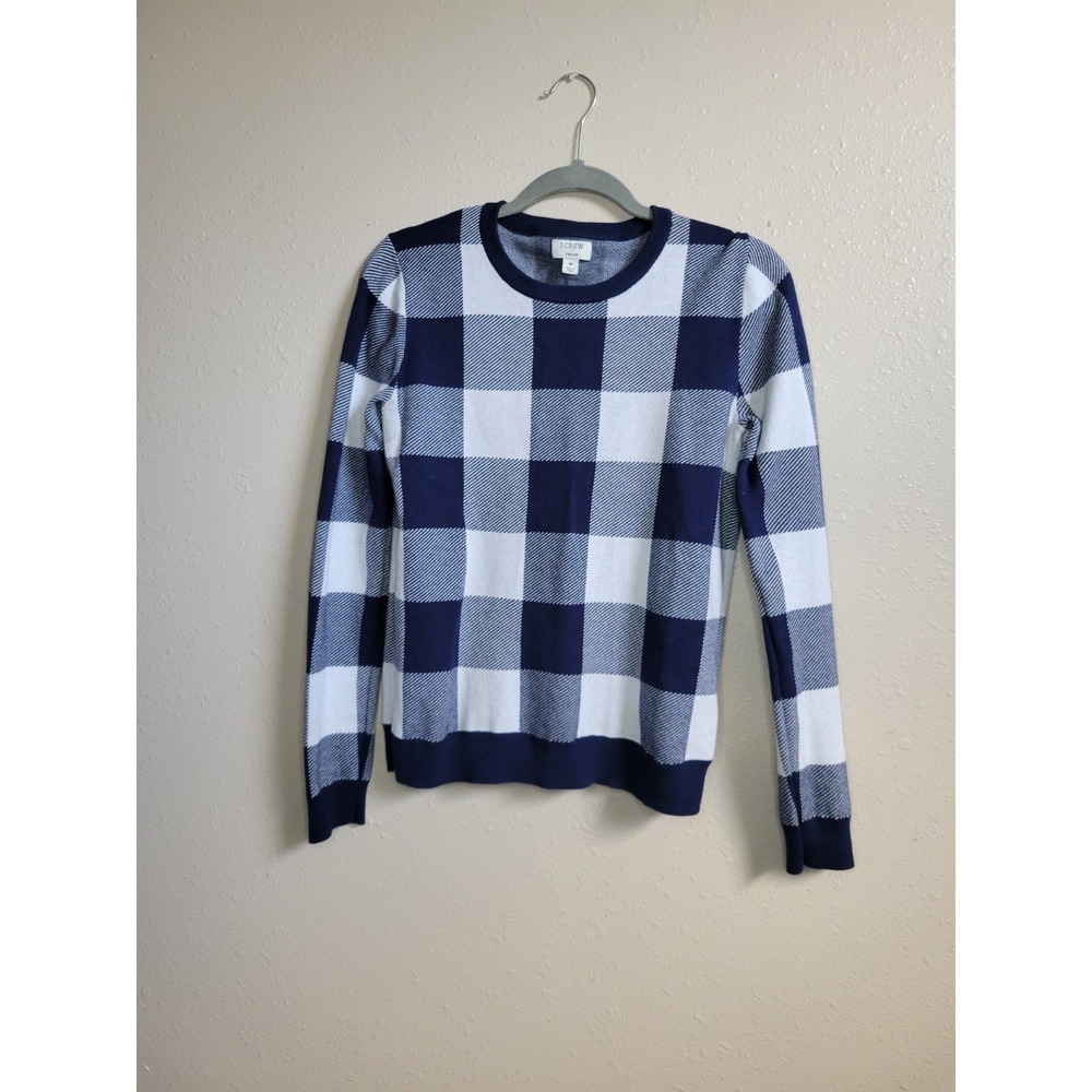 J. Crew Teddie Sweater Checkered Plaid White & Navy Soft Cozy Preppy Top Sz M